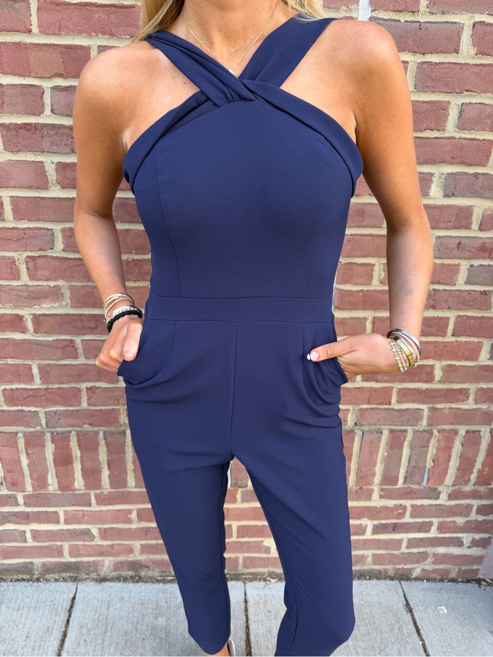 Adelyn Rae Navy Cross-Strap Jumpsuit with Pockets